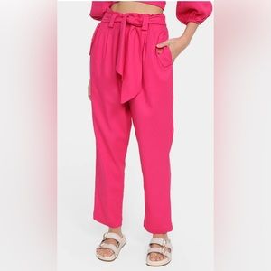 Bright pink FARM Rio linen pants with belt